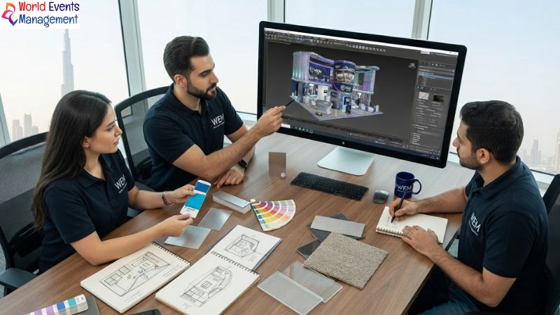 Designers planning booth layout.