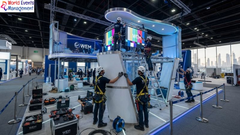 Technicians building the booth.