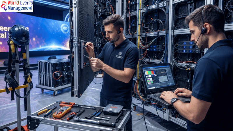 Expert technicians carefully calibrate LED panels for professional event setups.