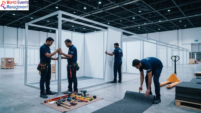 Assembling exhibition booth frames.