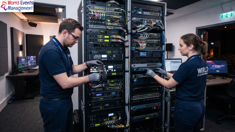 Technicians wiring control racks.