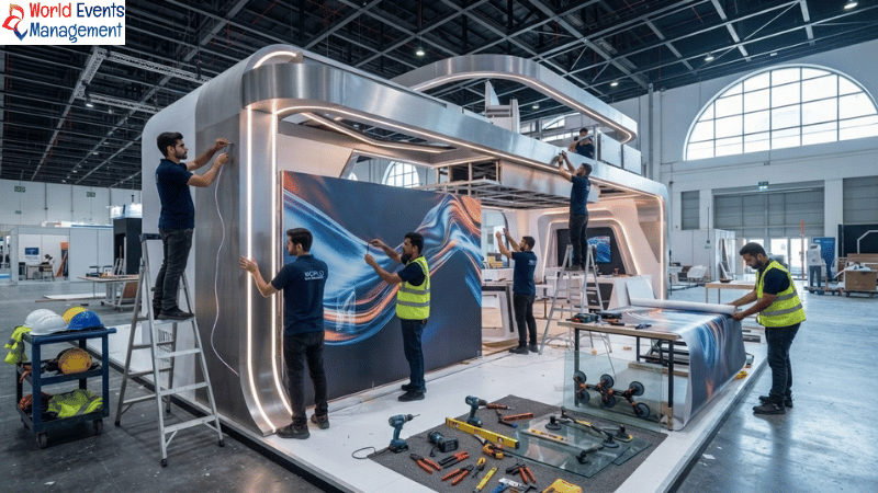 Technicians constructing exhibition stall.