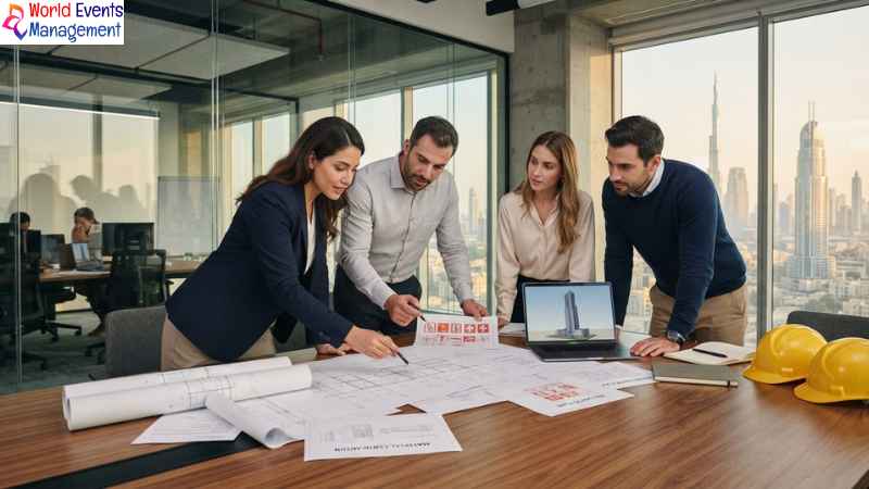 Team reviewing architectural blueprints.
