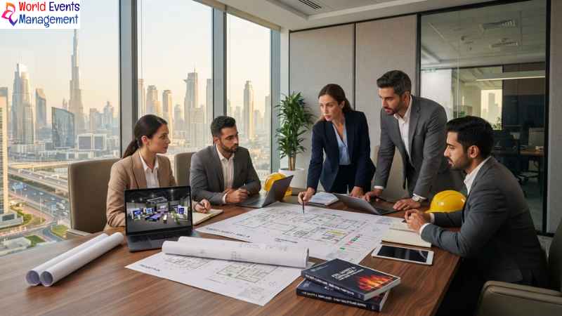 Corporate Event Management Dubai team reviewing safety blueprints.