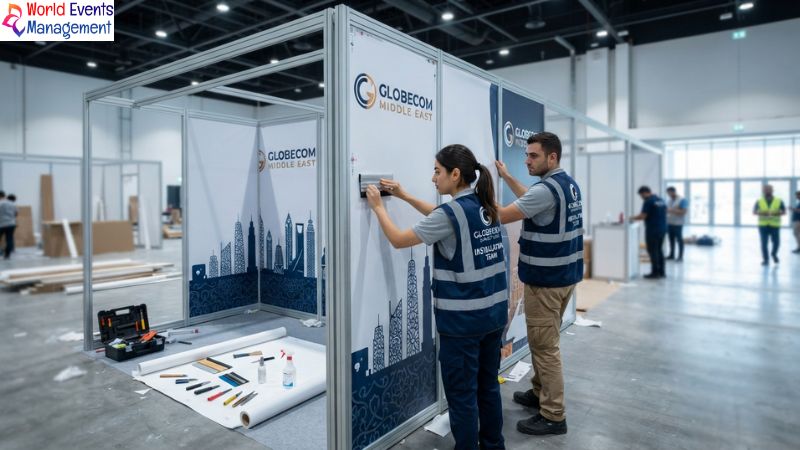 Installation of booth graphics.