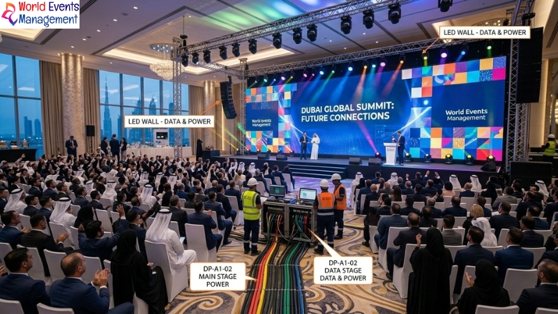 Vibrant main stage LED wall active at Dubai Global Summit.