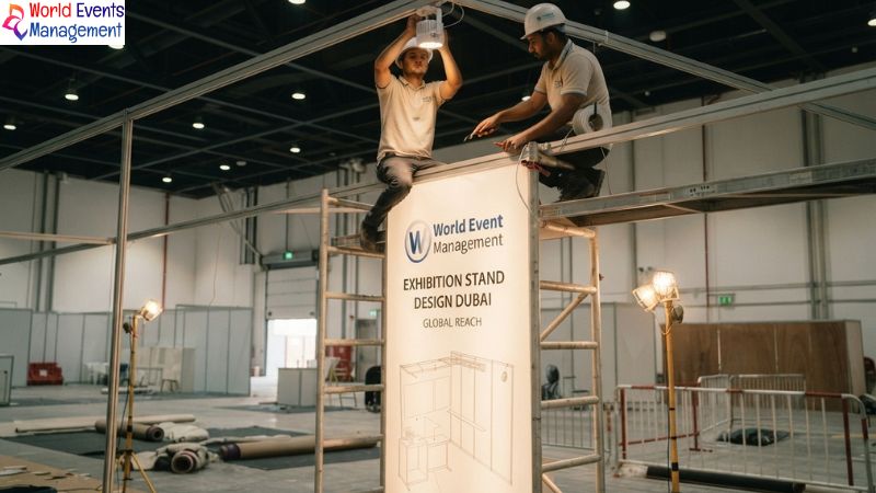 Builders installing stand lighting