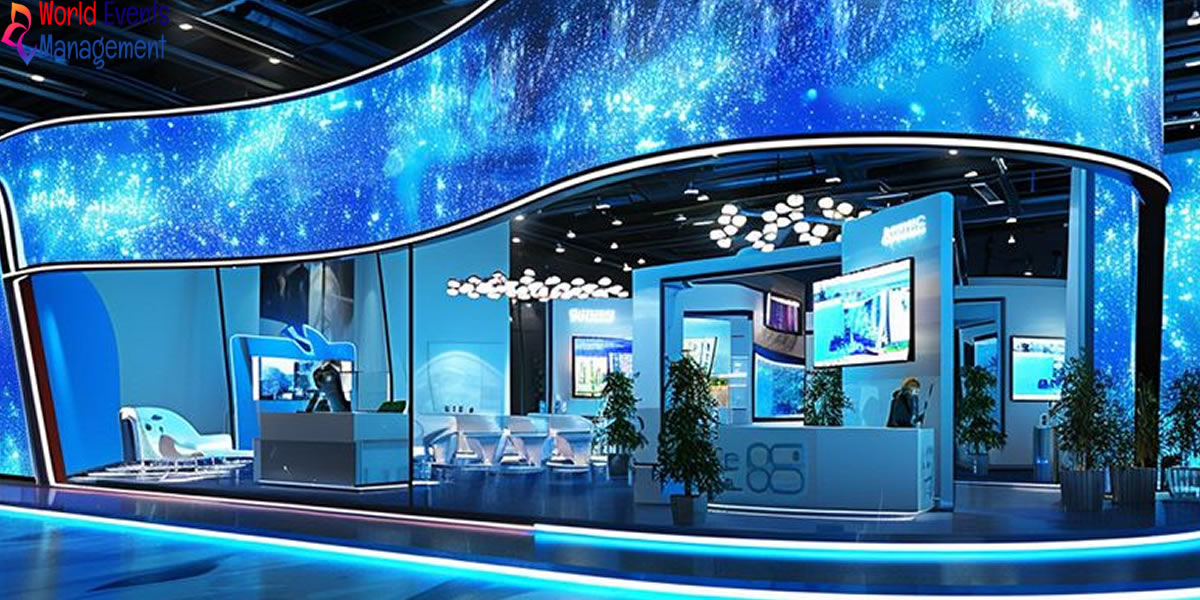 Modern blue digital exhibition stand with curved LED display, interactive screens, and futuristic booth design