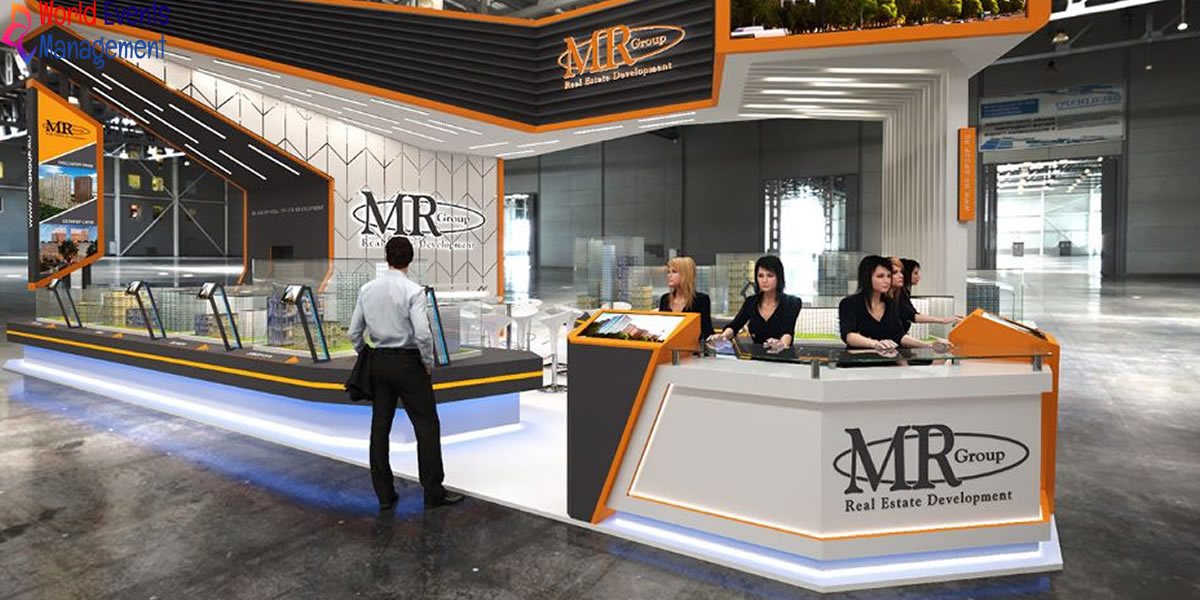 Modern red and white exhibition stand with futuristic design, LED lighting, and interactive display areas