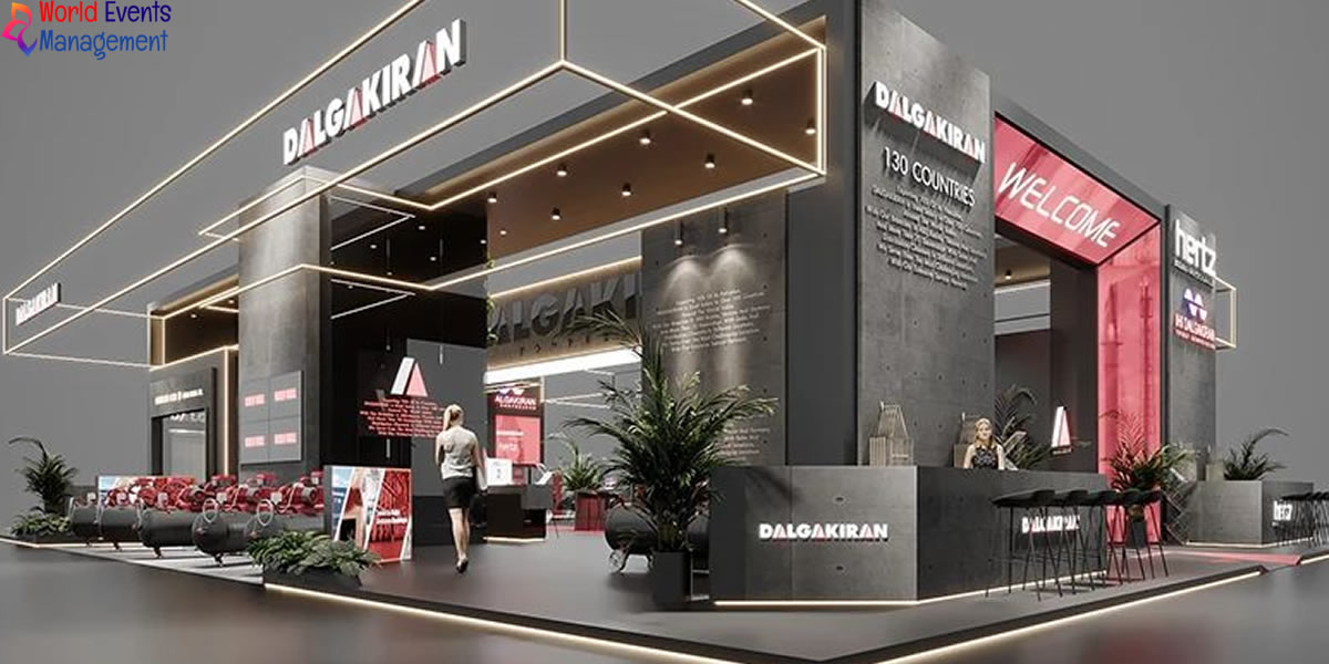 Modern exhibition booth design with premium corporate branding and elegant lighting setup
