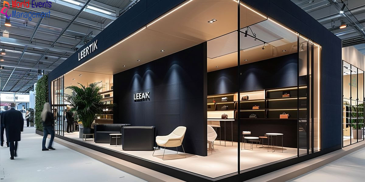 Black premium exhibition stand design with modern architecture, branded displays, and elegant interior setup