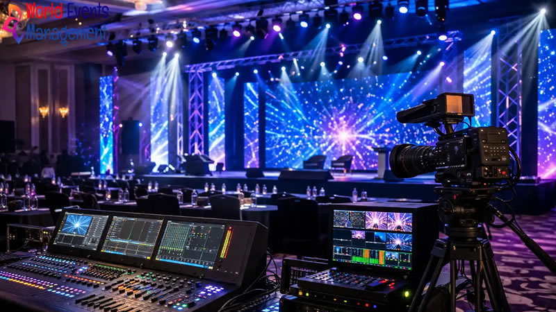 Professional AV production setup with lighting, sound system, and control equipment for events in Dubai