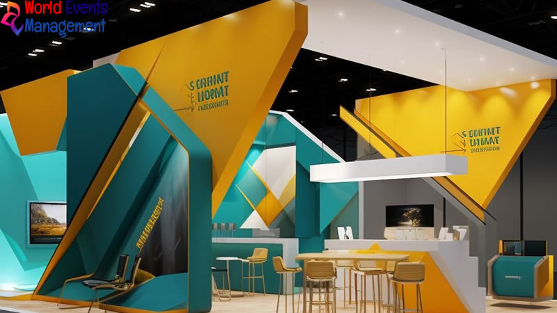 Creative futuristic exhibition stand with geometric design and colorful brand elements