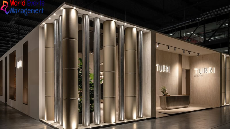 Luxury corporate exhibition booth with metallic walls and modern architectural design