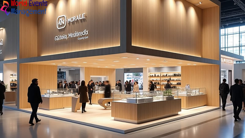 Luxury wooden exhibition stand design with premium finishes, display counters, and modern booth architecture