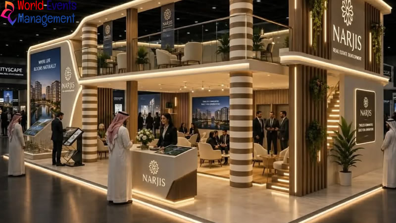 Luxury Nespresso exhibition stand with wooden finishes, product displays, and premium visitor experience area