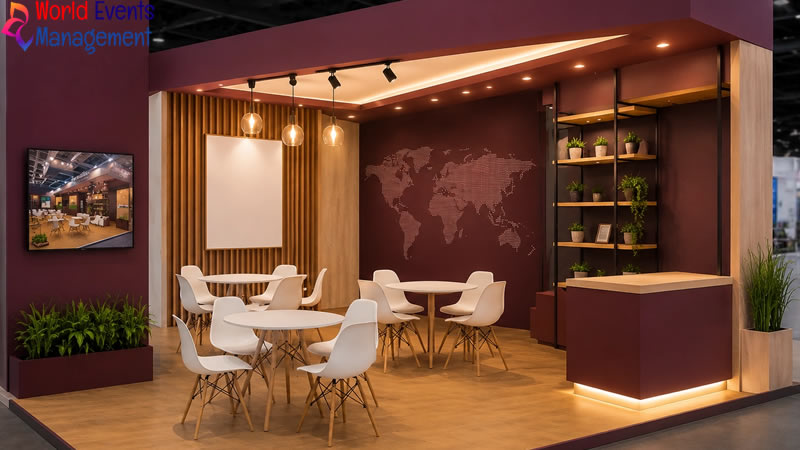Warm interior exhibition stand with wooden finishes, comfortable seating, and modern meeting area design