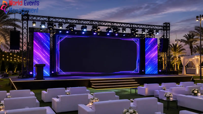 Outdoor stage with LED screen and lighting setup for events and exhibitions in Dubai