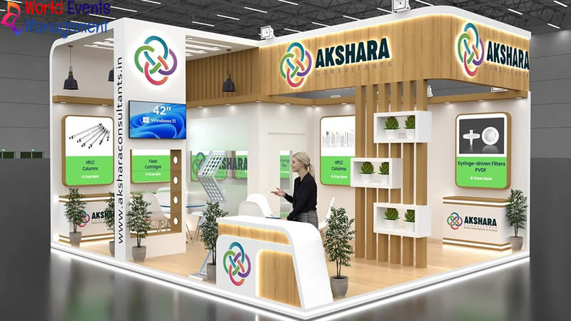 Professional pharmaceutical exhibition booth with clean white design and product displays