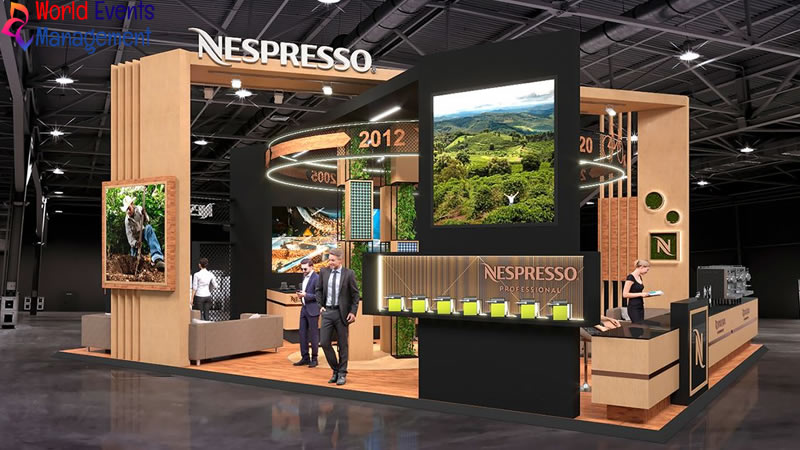 Modern Nespresso exhibition stand with wooden structure, digital screens, and product showcase area