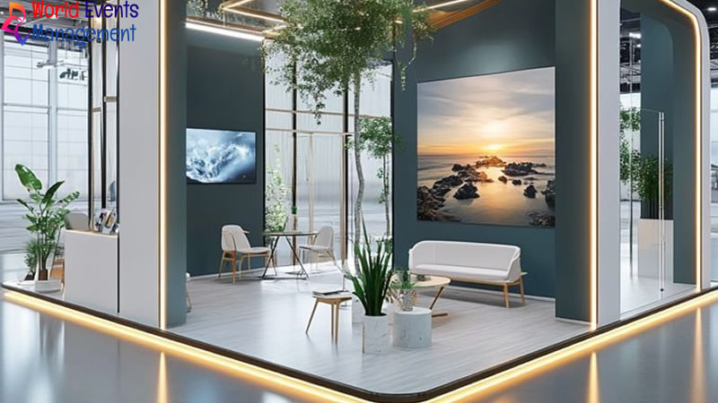 Minimal white exhibition stand with clean architecture, open space, and premium display setup