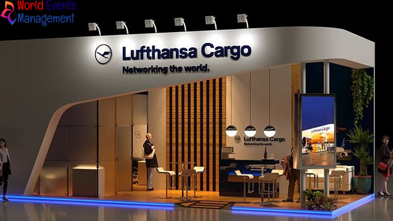 Lufthansa Cargo branded exhibition booth with elegant corporate design and lighting