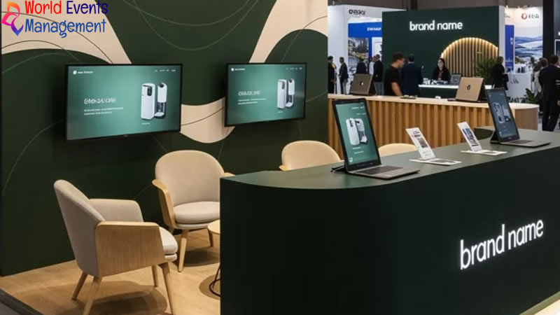 Technology exhibition booth with green branding, digital screens, and modern reception counter