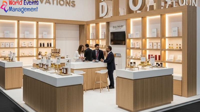 White exhibition stand design with product shelves, display counters, and professional retail-style setup