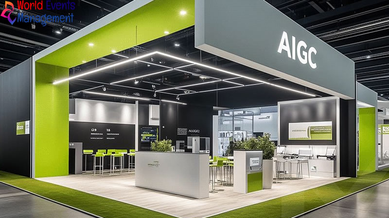 Green and white AIGC exhibition stand with modern branding, open space, and professional booth setup