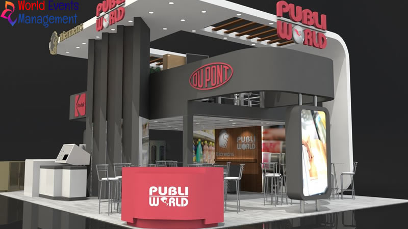 Public World exhibition stand with black and red branding, digital displays, and modern booth structure