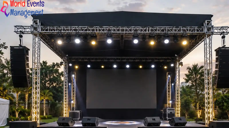 Large outdoor stage with LED screen and professional lighting system for events in Dubai