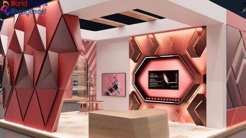 Luxury exhibition booth interior with geometric wall panels and modern display area