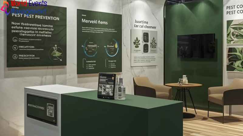 Green and white exhibition booth interior with product displays and information panels