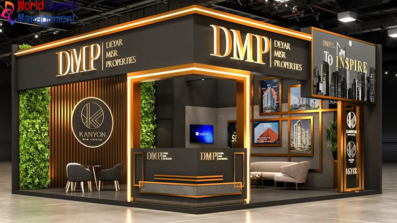 DMP exhibition stand featuring a luxury black and gold design with branded displays and modern lighting