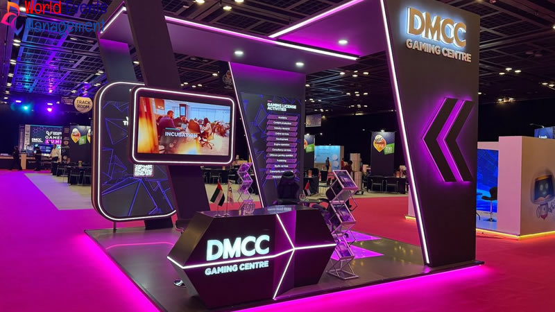 DMCC technology exhibition stand with purple lighting, digital displays, and futuristic booth design