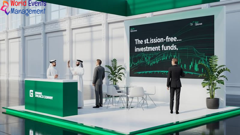 Large green corporate exhibition booth with open design and presentation area