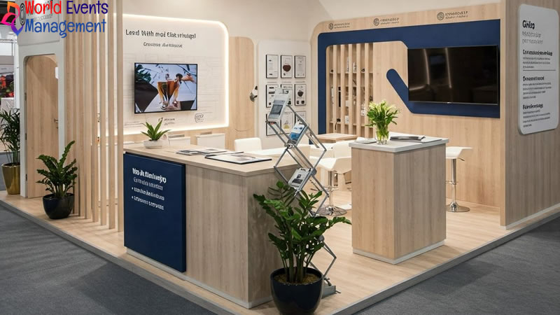 Modern minimalist exhibition stand with wooden finishes, digital screens, and organized visitor areas