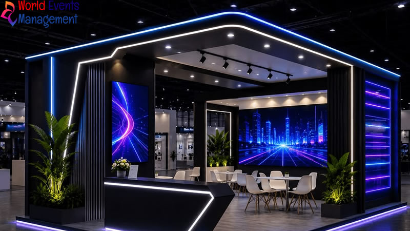 Blue LED exhibition stand with futuristic lighting, modern architecture, and premium meeting areas