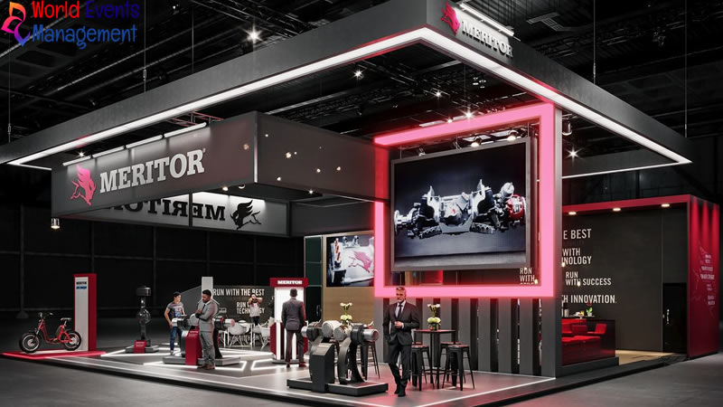 Large automotive exhibition booth with black and red theme and product showcase area