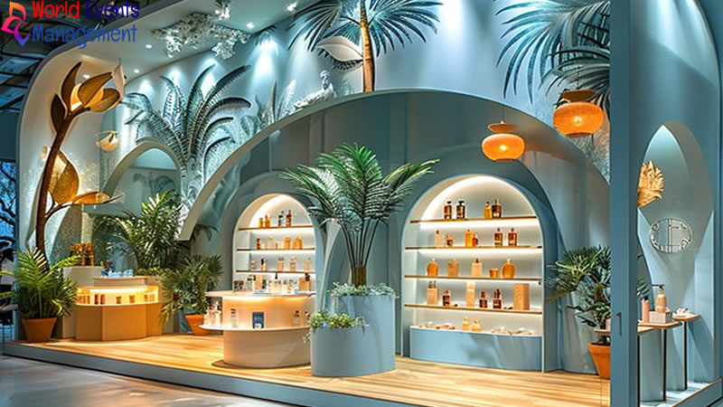 Luxury custom exhibition stand design with creative lighting and premium interior setup