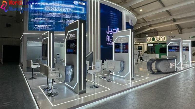 Modern exhibition stand design with glass displays and futuristic branding setup