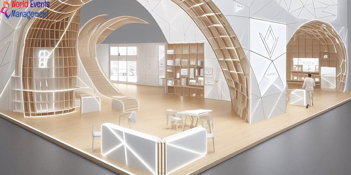 Modern custom exhibition stand design with curved architectural structure