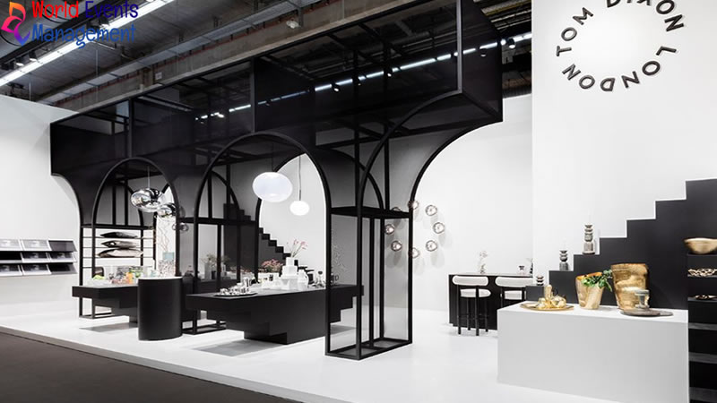 Modern minimalist exhibition booth design with open layout and creative display areas