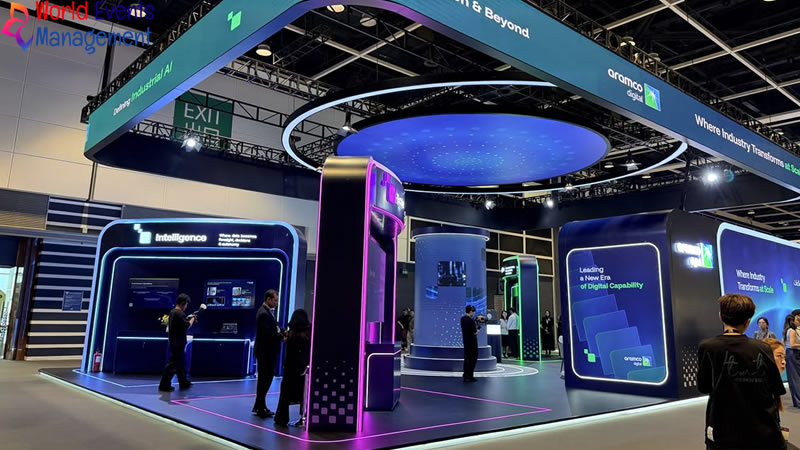 Luxury exhibition booth design with digital screens and interactive display areas