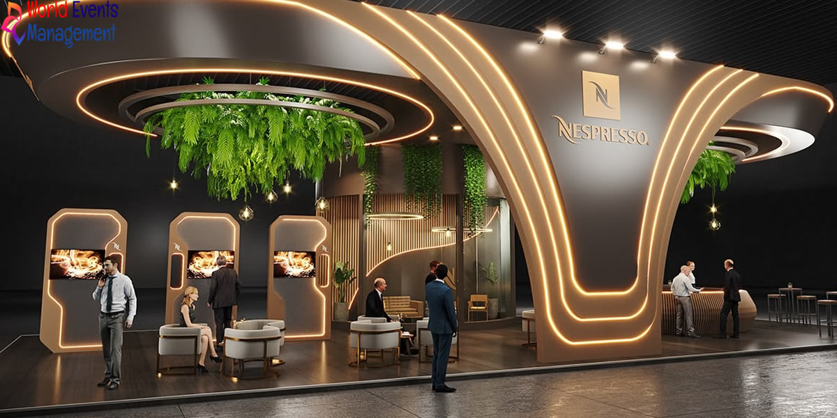 Luxury exhibition stand with modern lighting and immersive brand experience