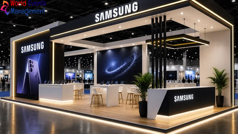 Samsung branded exhibition stand with modern design and interactive display area
