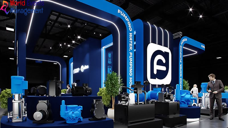 Creative blue themed exhibition stand with unique branding structure
