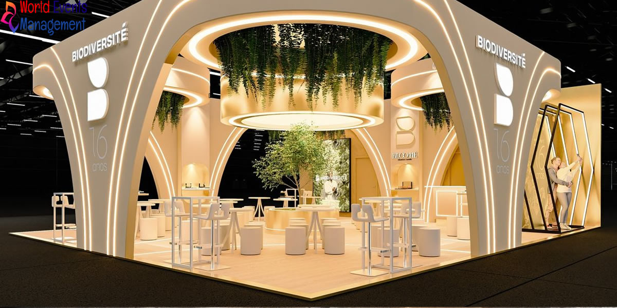 Custom-built exhibition booth with elegant arch design and premium interiors