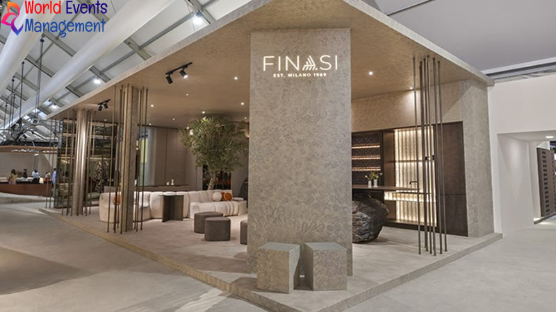 Premium exhibition stand with elegant wooden design and hospitality area