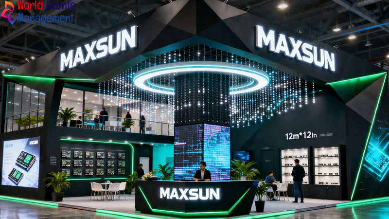 Large custom exhibition booth with modern circular design and brand display